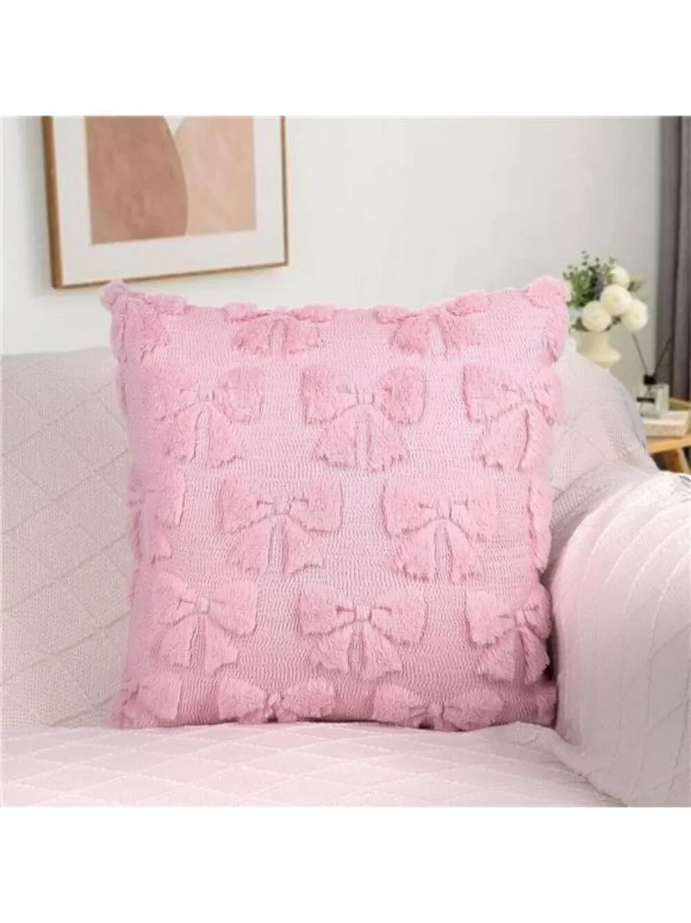 Pink Bow Pillow Covers 18x18 Set of 2 Plush Faux Fur Coquette Christmas Cushion